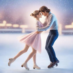 Two figure skater girls performing gracefully on an ice rink, surrounded by a romantic atmosphere with soft lighting and gentle snowfall