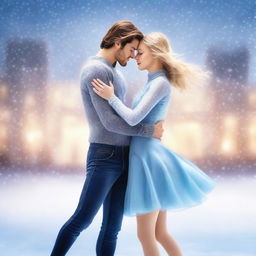 Two figure skater girls performing gracefully on an ice rink, surrounded by a romantic atmosphere with soft lighting and gentle snowfall