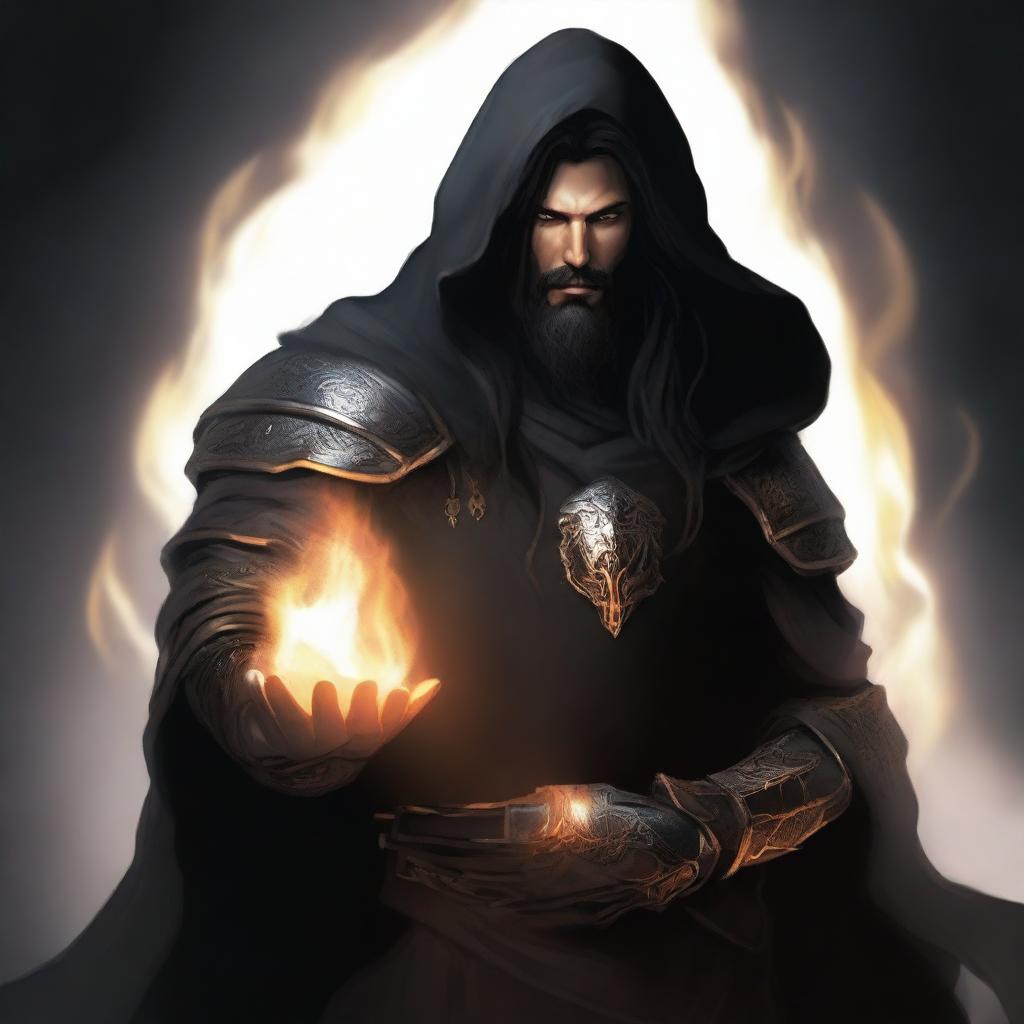 A human man with long black hair and a beard, wearing black armor with a hood