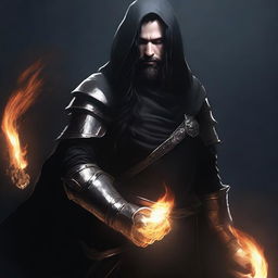 A human man with long black hair and a beard, wearing black armor with a hood