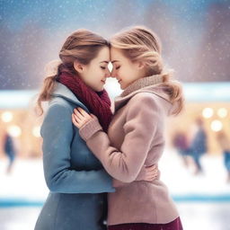 Two girls at an ice rink, sharing a tender moment as they skate together