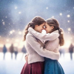 Two girls at an ice rink, sharing a tender moment as they skate together