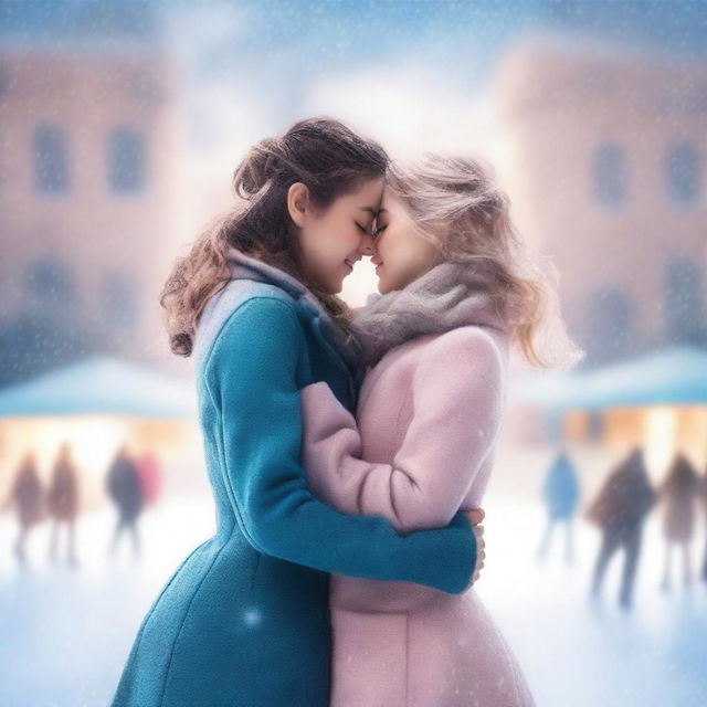 Two girls at an ice rink, sharing a tender moment as they skate together