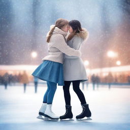 Two girls at an ice rink, sharing a tender moment as they skate together