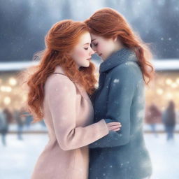 Two girls at an ice rink, one with brunette hair and the other with ginger hair, sharing a tender moment as they skate together