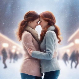 Two girls at an ice rink, one with brunette hair and the other with ginger hair, sharing a tender moment as they skate together