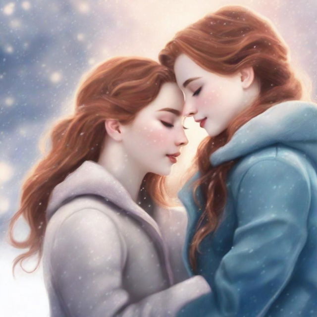 Two girls at an ice rink, one with brunette hair and the other with ginger hair, sharing a tender moment as they skate together