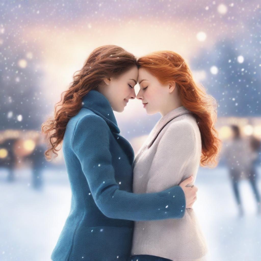 Two girls at an ice rink, one with brunette hair and the other with ginger hair, sharing a tender moment as they skate together