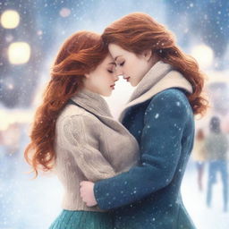 Two girls at an ice rink, one with brunette hair and the other with ginger hair, sharing a tender moment as they skate together