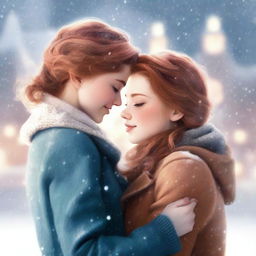 Two girls at an ice rink, one with brunette hair and the other with ginger hair, sharing a tender moment as they skate together