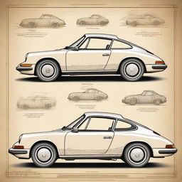 Create an image of a classic Porsche 911 car in the style of Leonardo da Vinci's sketches