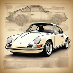 Create an image of a classic Porsche 911 car in the style of Leonardo da Vinci's sketches