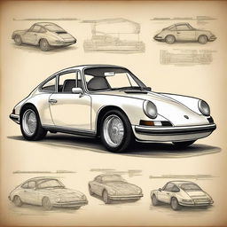 Create an image of a classic Porsche 911 car in the style of Leonardo da Vinci's sketches