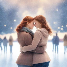 Romance book cover featuring two girls, one with brown hair and the other with ginger hair, seen from the back