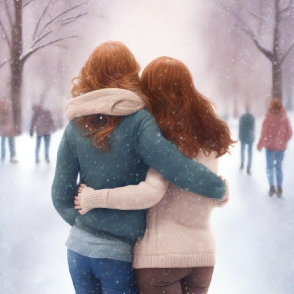 Romance book cover featuring two girls, one with brown hair and the other with ginger hair, seen from the back