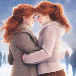 Romance book cover featuring two girls, one with brown hair and the other with ginger hair, seen from the back