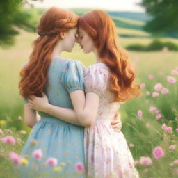 Romance book cover featuring two girls, one with brown hair and the other with ginger hair, seen from the back