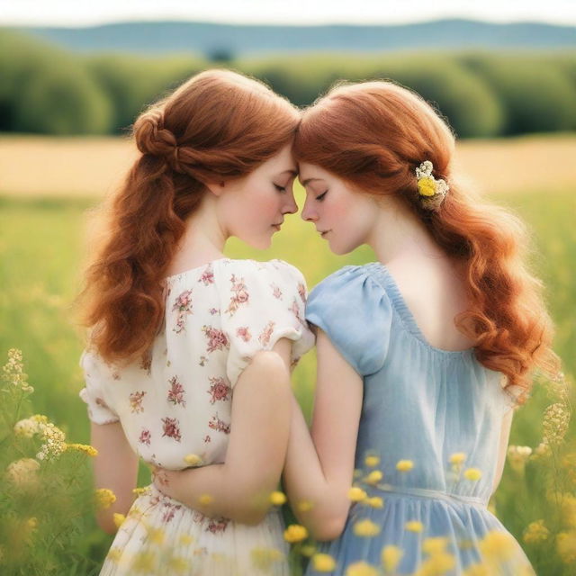 Romance book cover featuring two girls, one with brown hair and the other with ginger hair, seen from the back