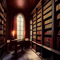 A vintage library inspired by the world found within a fantasy novel, with enchanting bookshelves, mystical artifacts, grand reading areas and soft magical light illuminating the room.