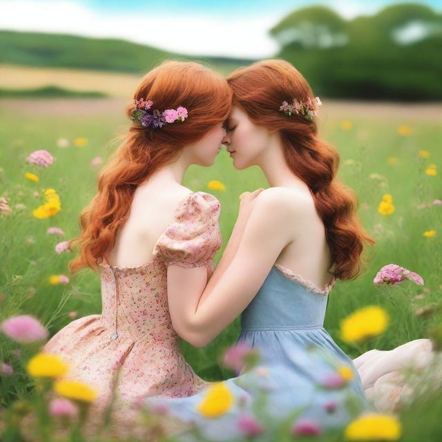 A romance book cover featuring two girls, one with brown hair and the other with ginger hair, kissing in a field of flowers