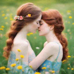 A romance book cover featuring two girls, one with brown hair and the other with ginger hair, kissing in a field of flowers