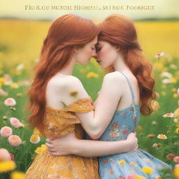 A romance book cover featuring two girls, one with brown hair and the other with ginger hair, kissing in a field of flowers