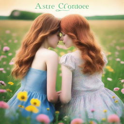 A romance book cover featuring two girls, one with brown hair and the other with ginger hair, kissing in a field of flowers