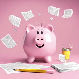 A girly, animated, cartoonish piggy bank designed for tax season