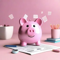 A girly, animated, cartoonish piggy bank designed for tax season