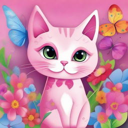 A cute pink cat with big, expressive eyes, sitting in a whimsical, colorful background