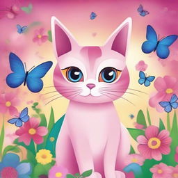 A cute pink cat with big, expressive eyes, sitting in a whimsical, colorful background