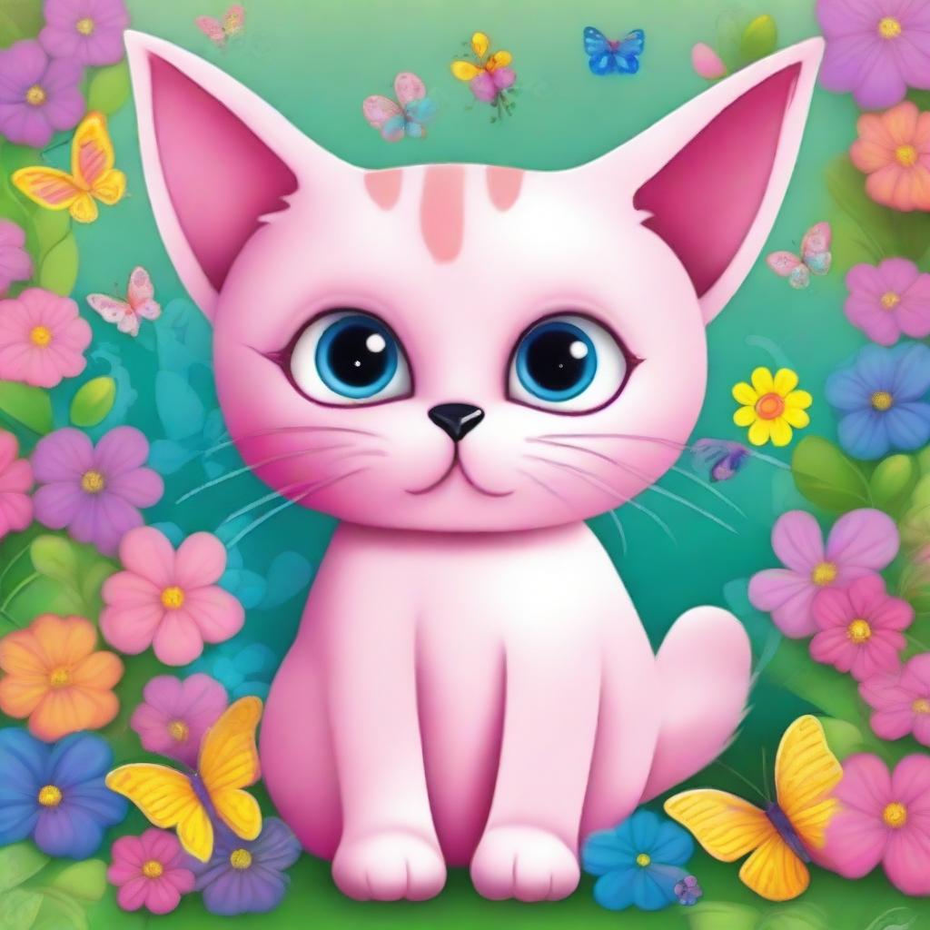 A cute pink cat with big, expressive eyes, sitting in a whimsical, colorful background