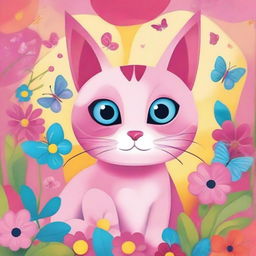 A cute pink cat with big, expressive eyes, sitting in a whimsical, colorful background