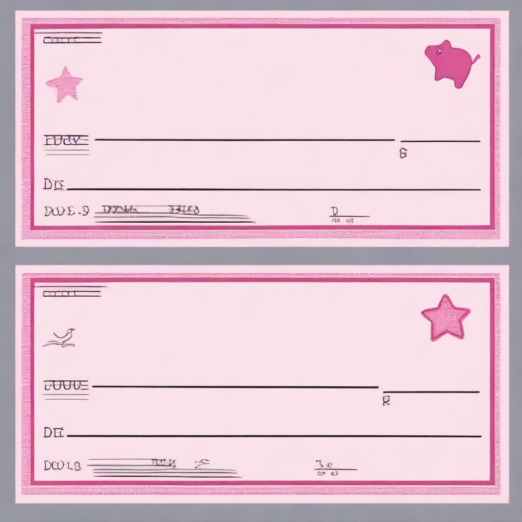 A set of pretty pink girly fake blank checks from Piggy Bank™