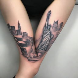 Create a tattoo sketch featuring a cityscape, the Statue of Liberty, the American flag, and the word 'Liberty'