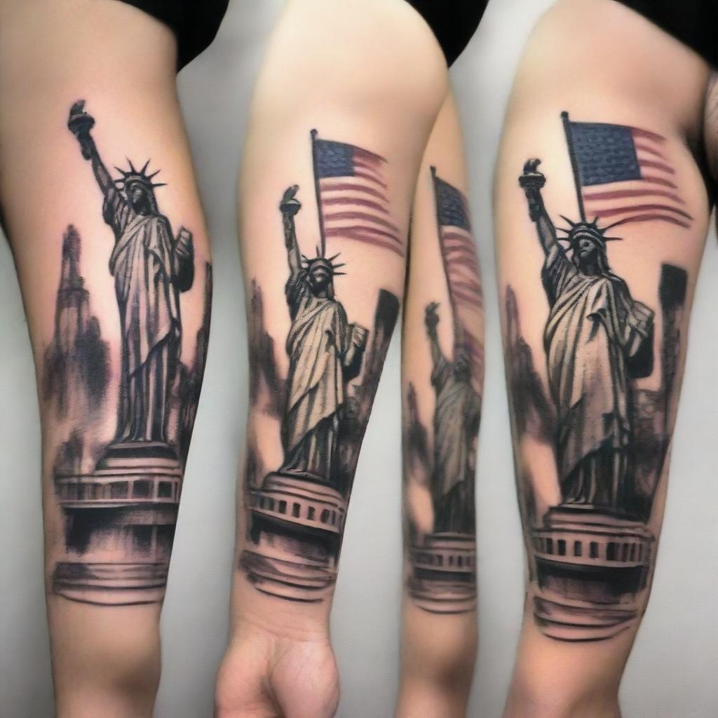 Create a tattoo sketch featuring a cityscape, the Statue of Liberty, the American flag, and the word 'Liberty'