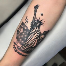 Create a tattoo sketch featuring a cityscape, the Statue of Liberty, the American flag, and the word 'Liberty'