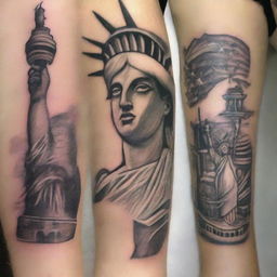 Create a tattoo sketch featuring a cityscape, the Statue of Liberty, the American flag, and the word 'Liberty'