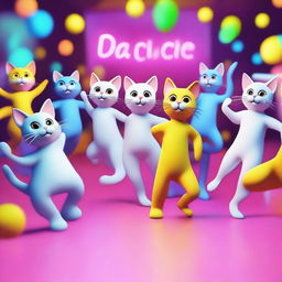 A large dance party featuring cats in a 3D render