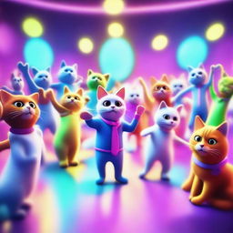 A large dance party featuring cats in a 3D render