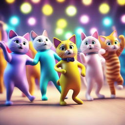 A large dance party featuring cats in a 3D render