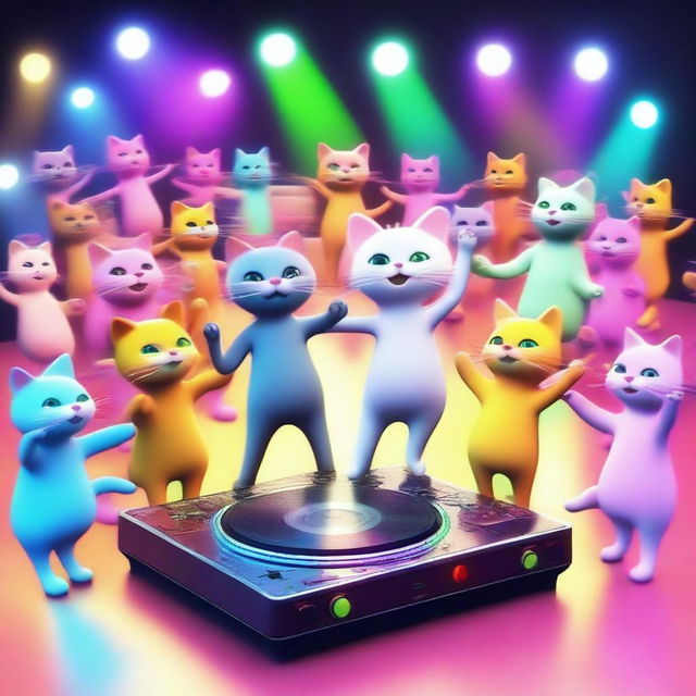 A large dance party featuring cats in a 3D render