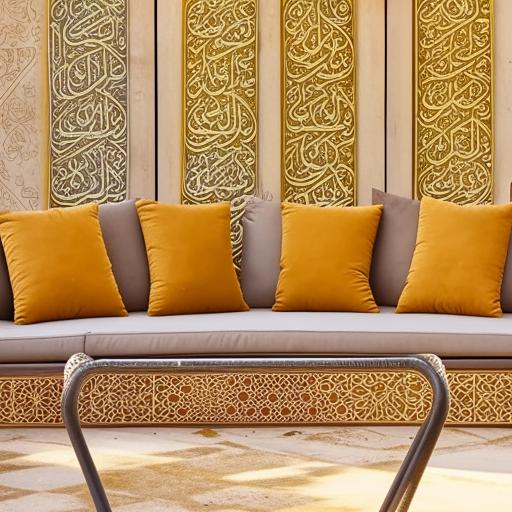 Outdoor seating arrangement, inspired by intricate Arabic design details and lines, featuring plush cushions, geometric structures, and ornate patterns in vibrant colors.