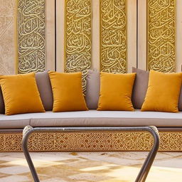 Outdoor seating arrangement, inspired by intricate Arabic design details and lines, featuring plush cushions, geometric structures, and ornate patterns in vibrant colors.