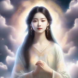 A beautiful girl who is the daughter of a god, depicted in a serene and divine setting