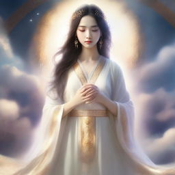 A beautiful girl who is the daughter of a god, depicted in a serene and divine setting