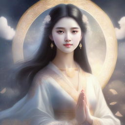 A beautiful girl who is the daughter of a god, depicted in a serene and divine setting