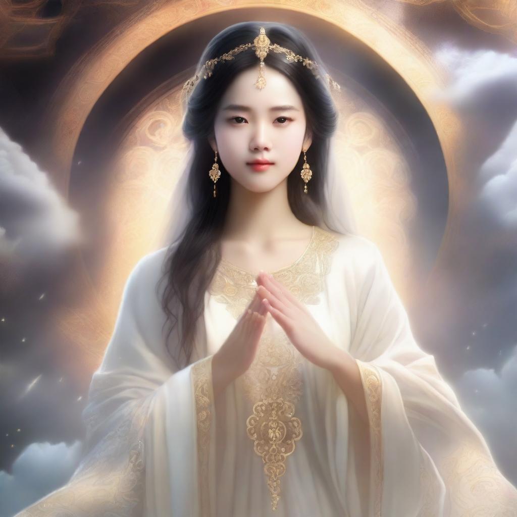 A beautiful girl who is the daughter of a god, depicted in a serene and divine setting