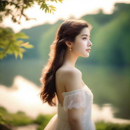 A beautiful girl searching for true love in a serene and picturesque setting