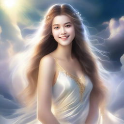 A beautiful girl who is the daughter of a god, depicted in an ethereal and divine setting